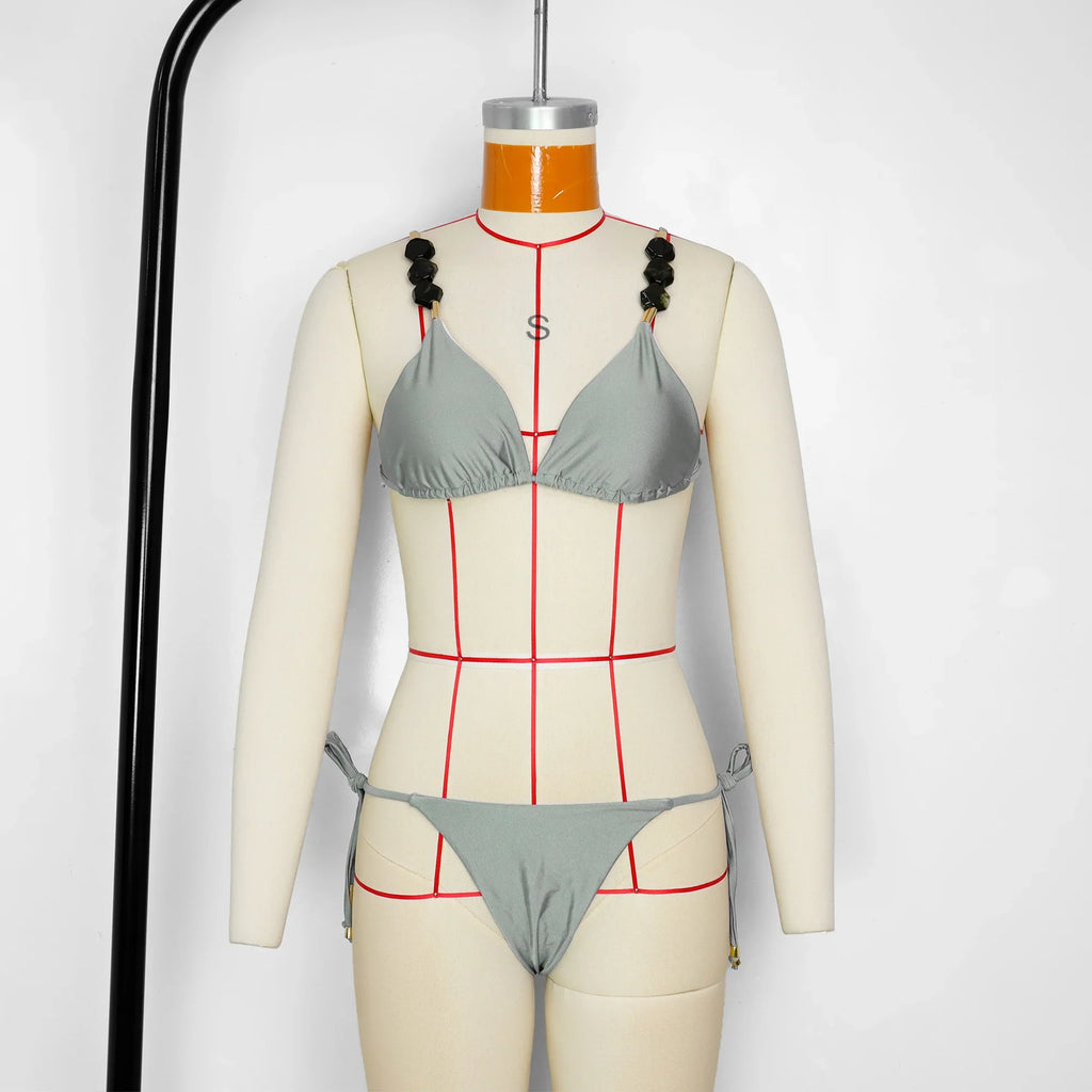 Women's Stylish Solid Color Three-Point Drawstring Bikini Set Cross-Border Swimwear Separate 2025 Sexy Female Bathing Suit