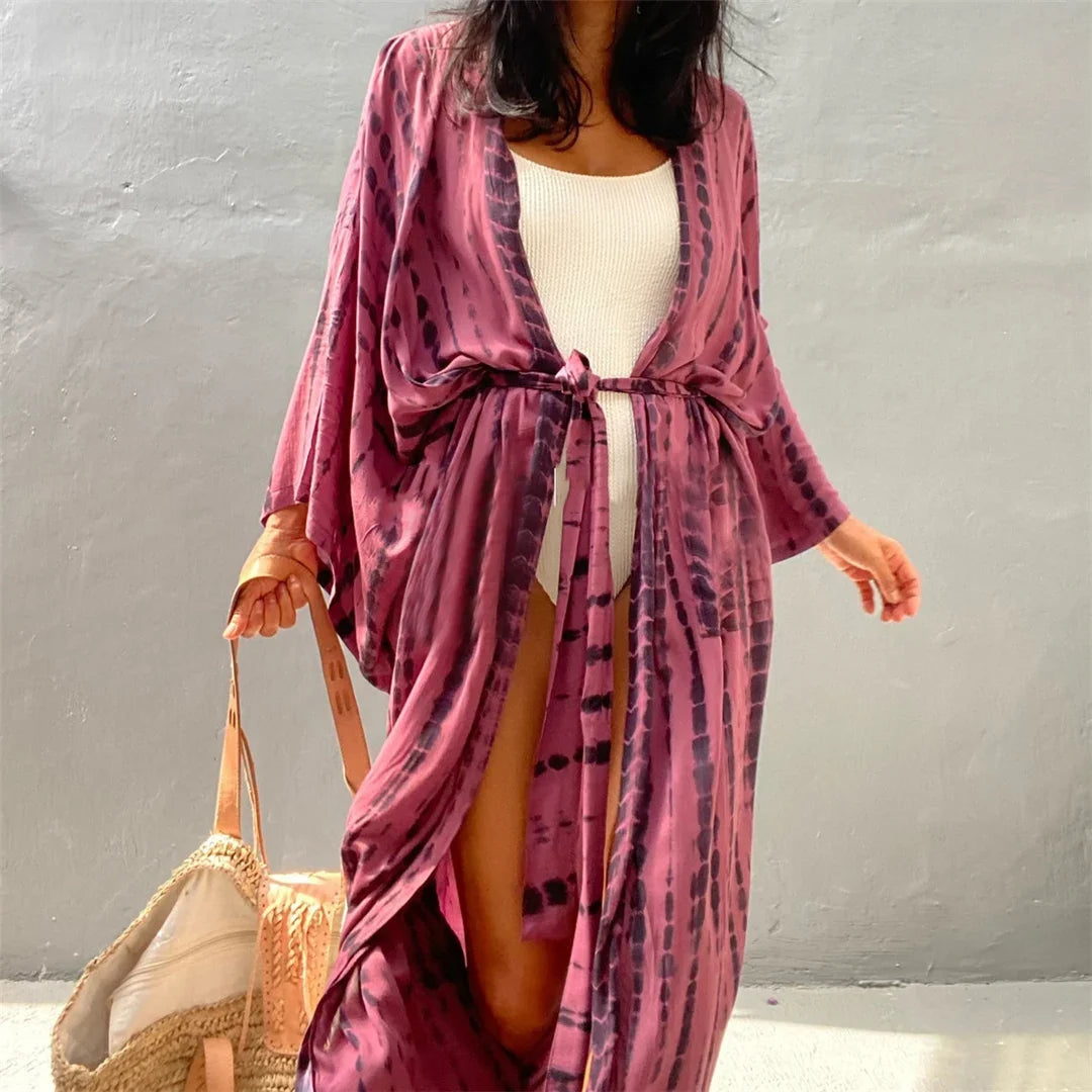 New 10 Colors Printed Long Sleeve With Belt Tunic Beach Cover Up Cover-ups Beach Dress Beach Wear Beachwear Female Women V4521