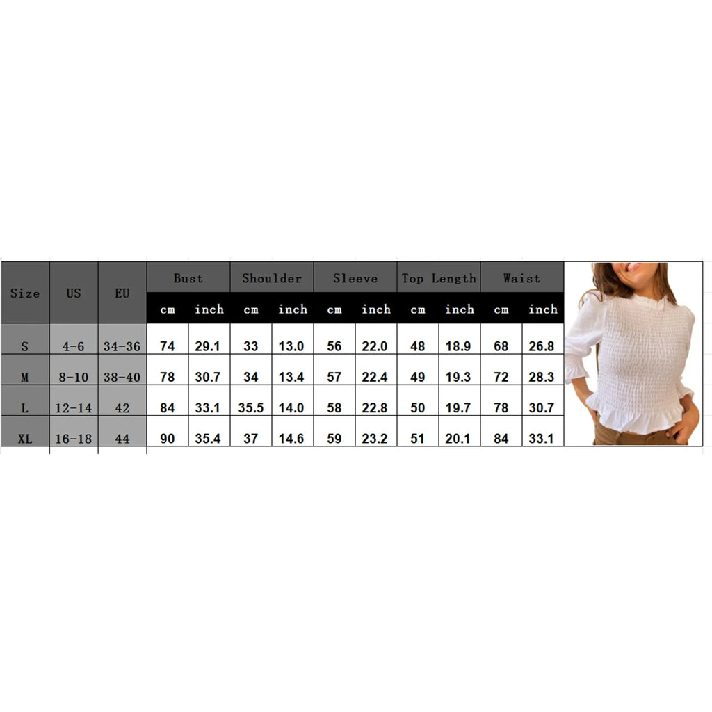 Women Fashionable Casual Round Neck Smocked Bubble 3/4 Sleeve Tops Summer Fall Plaid Print Ruffled T-shirts