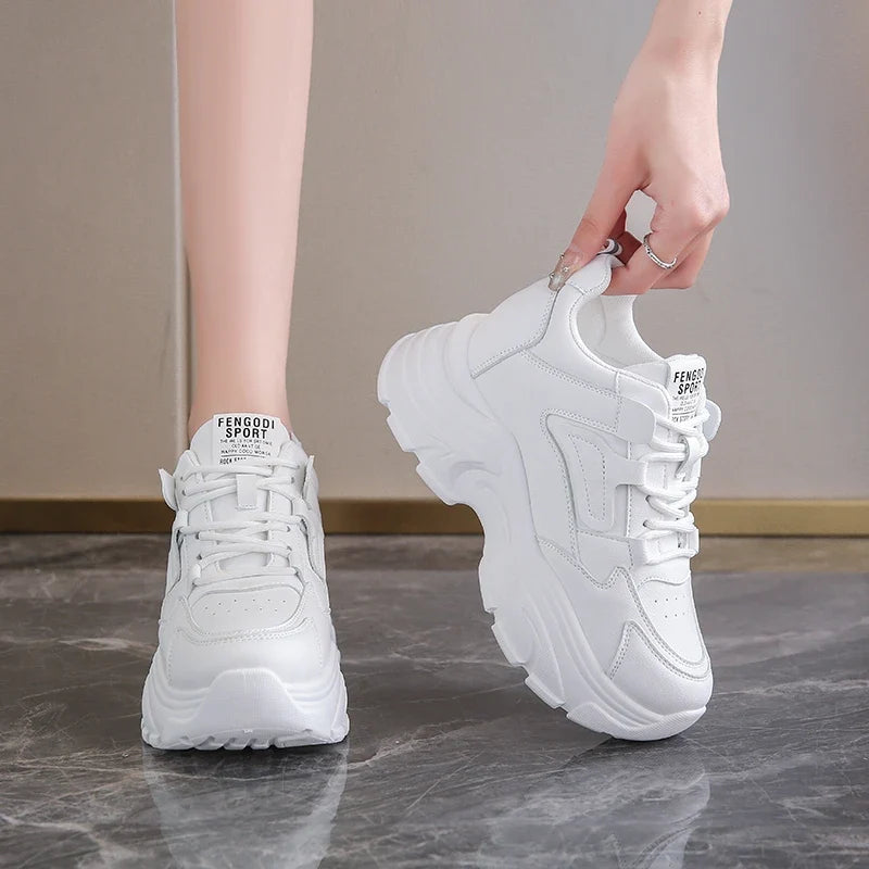 White Platform Women's Sneakers 2025 Autumn Lace-Up Thick Bottom Sports Shoes Woman Pu Leather Breathable Walking Shoes Female