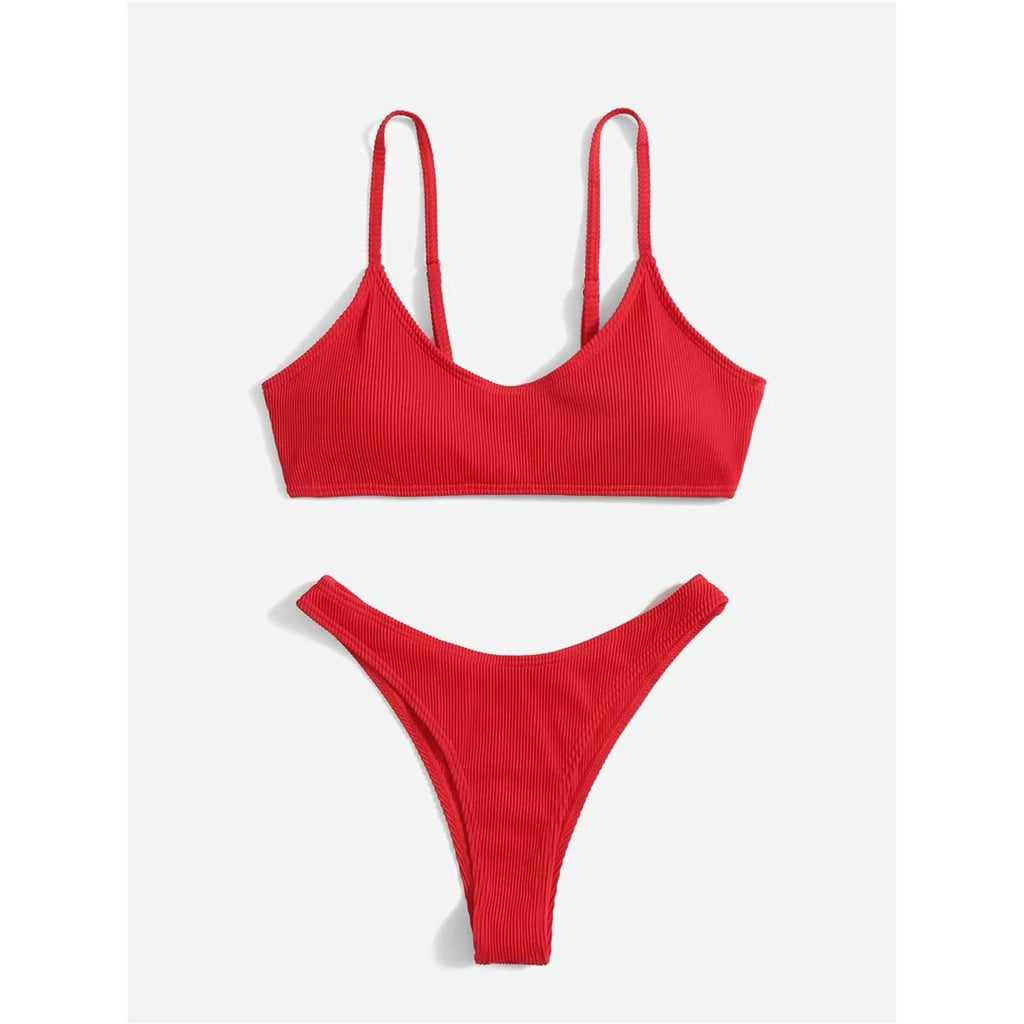 Ribbed High Leg Cut Bikini Female Swimsuit Women Swimwear Two-Pieces Bikini Set Brazilian Padded Bather Bathing Suit Swim V7126