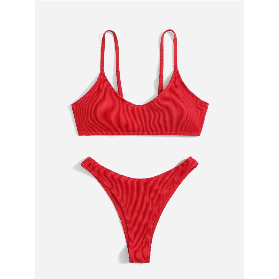 Ribbed High Leg Cut Bikini Female Swimsuit Women Swimwear Two-Pieces Bikini Set Brazilian Padded Bather Bathing Suit Swim V7126