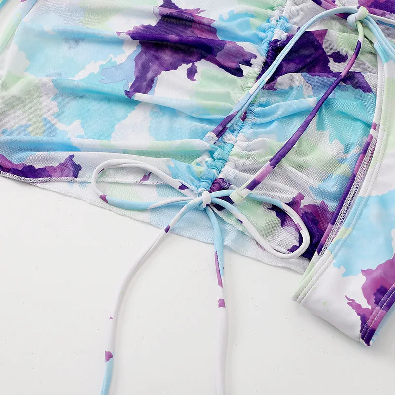 DEKA Sold Triangle Bikini Set Blouse Swimsuit Women Printed Halter Swimwear Cover Up Beach Wear 3 Pieces Sheer Bathing Suit