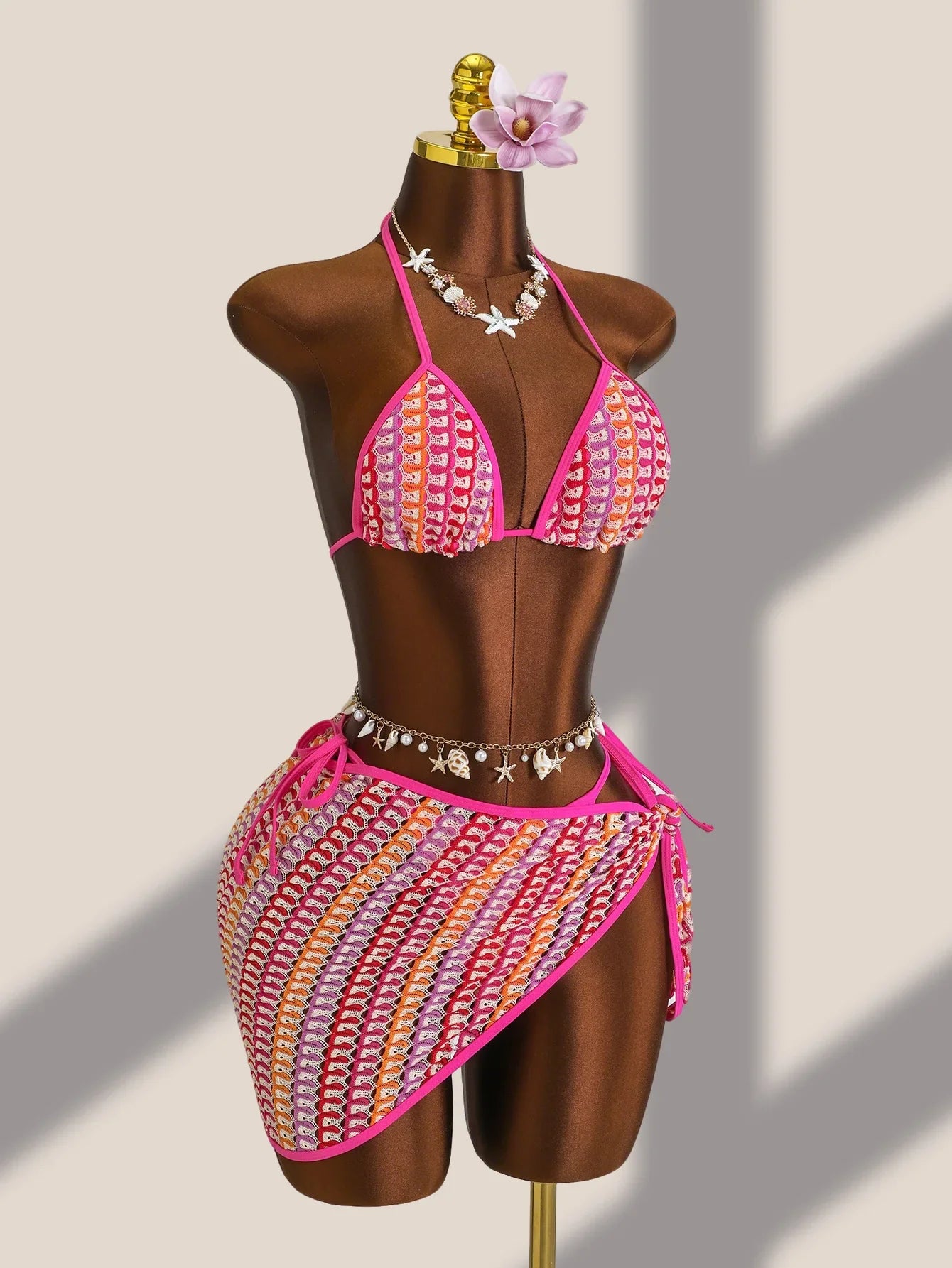 Sexy Colorful Striped Bikini Set Women Push Up Bra Thong Swimsuit 2026 Summer Bathing Suit Beach Mesh Cover Up 3 Piece Swimwear