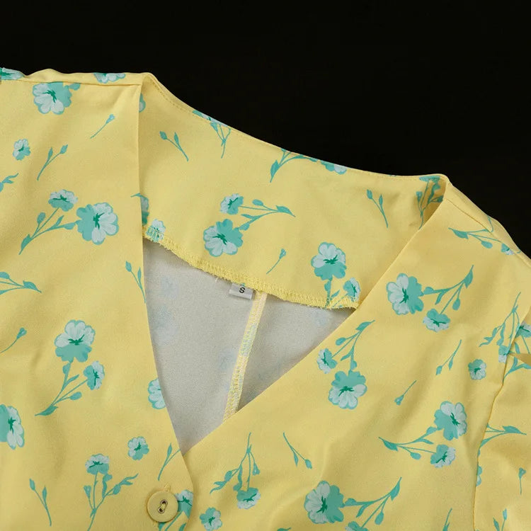 FDYOUI 2026 Summer V-neck Short Sleeve Floral Print Yellow Party Dress Women Single Breasted Lace-up Slim Long Vacation Dresses