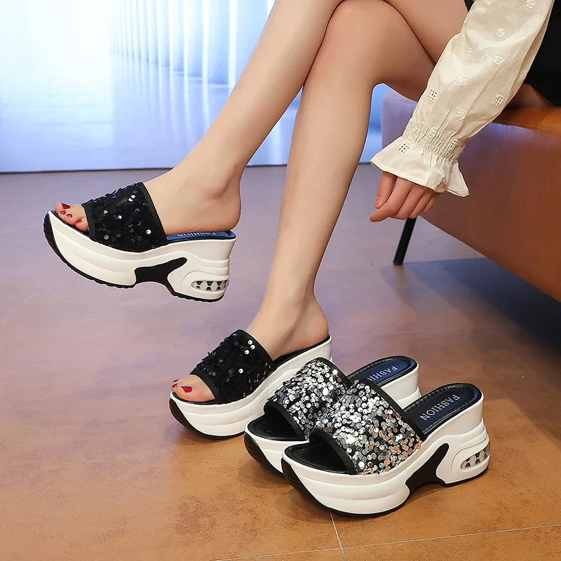 Wedge Heel Silver Sequin Sandals Women 2026 Fashion 9Cm Chunky Heeled Slippers Woman Plus Size 42 Thick Sole Platform Sandles