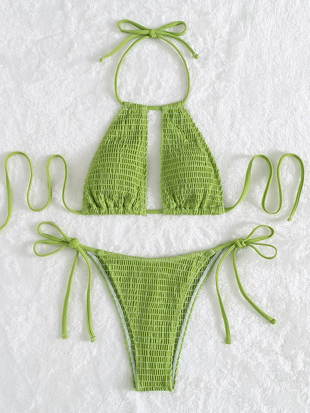 2025 Halter Tie Side Hollow Out Smocked Bikini Women Swimsuit Female Swimwear Two Pieces Bikini Set Swim Bathing Suit Beach Wear