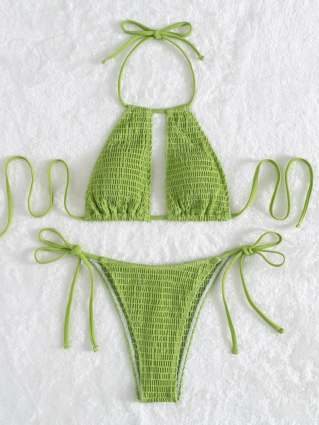 2025 Halter Tie Side Hollow Out Smocked Bikini Women Swimsuit Female Swimwear Two Pieces Bikini Set Swim Bathing Suit Beach Wear