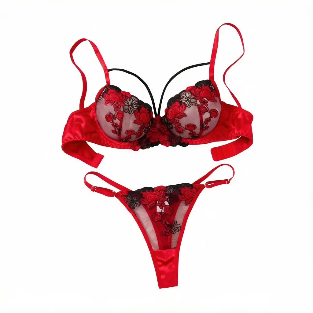 Red Floral Embroidery Satin Mesh Lingerie Set Underwire Bra With Matching Thong Women Sexy Intimates ZA825127