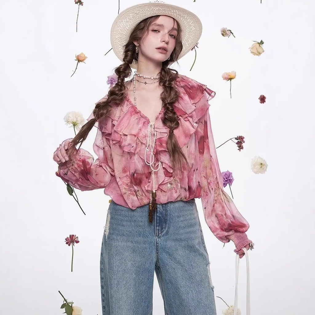 Ladies French ruffled chiffon shirt spring new temperament top