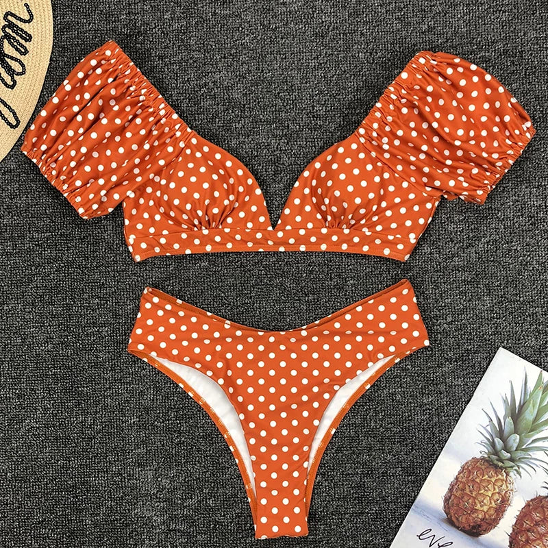 Sexy V Neck Short Sleeve Polka Dot Bikini Female Swimsuit Women Swimwear Two-pieces Bikini set Bather Bathing Suit Swim Lady