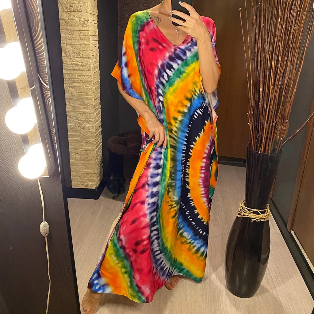 2026 New Colorful Kaftan Tunic Beach Dress Beach Wear Beachwear Beach Cover Up Cover-upsLoose Maxi Dress Female Women V4428