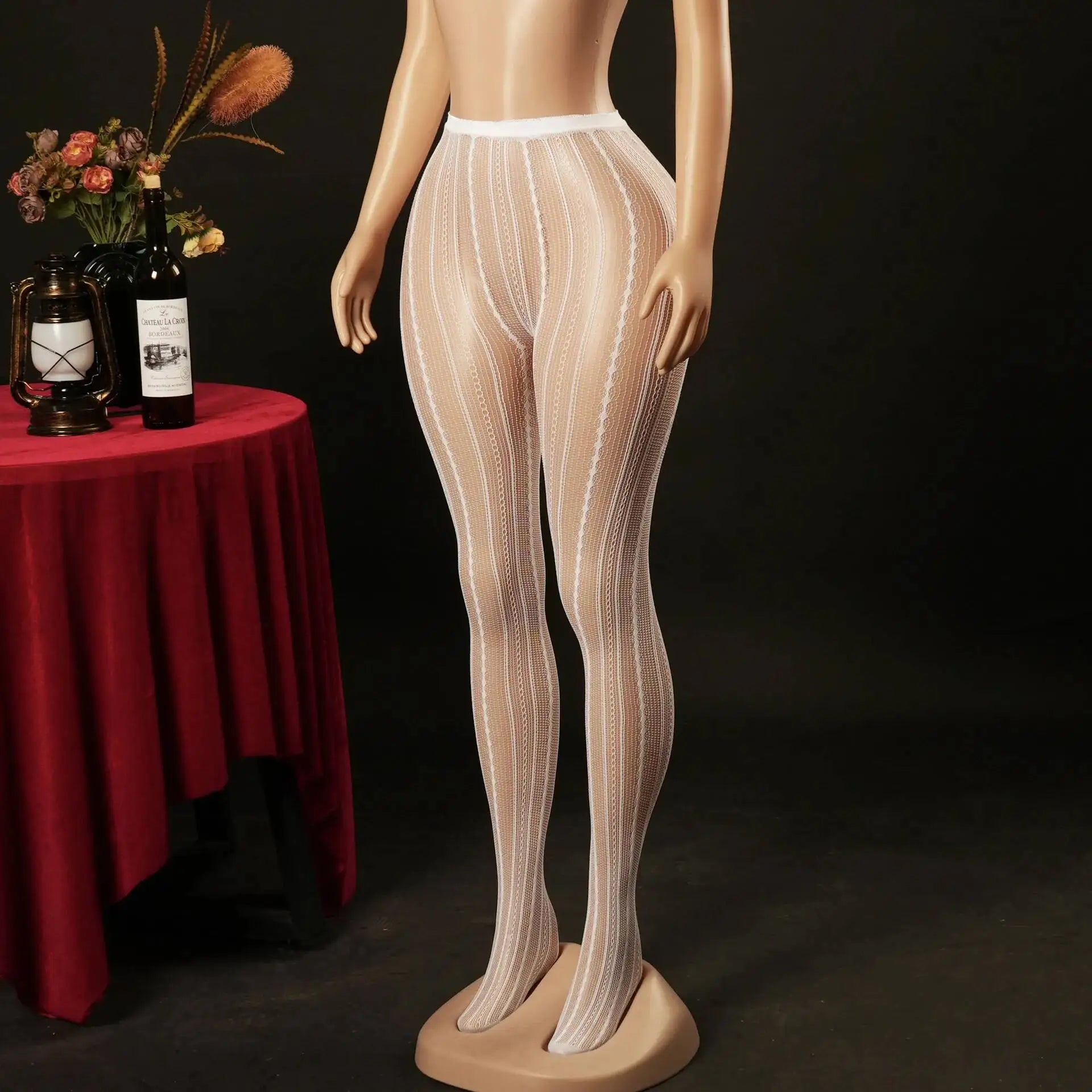 Knitted Seamless Fishnet Pantyhose Jacquard Lace Sexy Vertical Stripe Fishnet Stockings Transparent Pure Desire Elegant W0NL