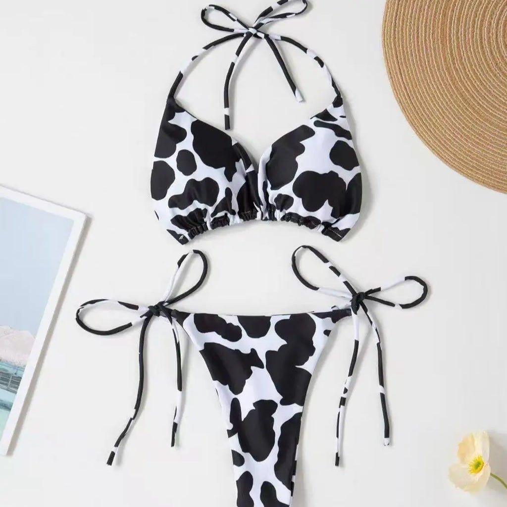 New Style Cow Print Lace-Up Halter Neck Sexy and Fashionable Women's Two-Piece Bikini Swimsuit
