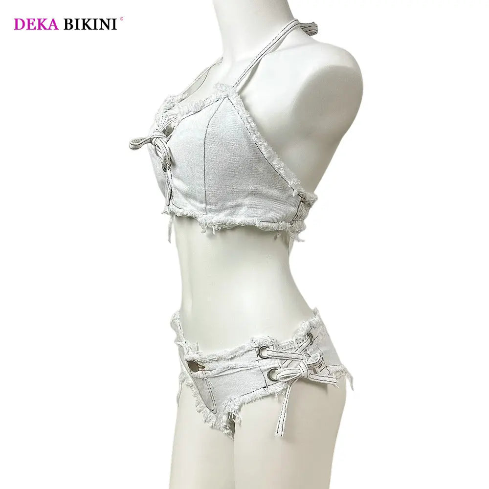 DEKA Women's Bandage Denim Bikini Set Summer New Jeans Shorts Swimwear Bra Beach Play and Bar Nightclub Swimsuit