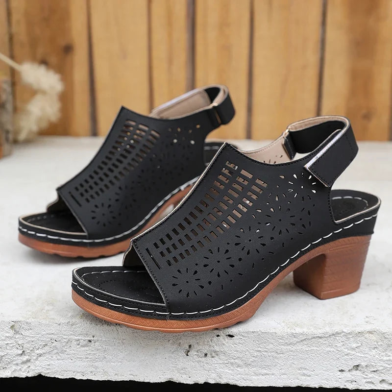 Retro Hollow Out Thick Heeled Sandals for Woman Summer Lightweight High Heels Sandals Women Plus Size Outdoor Platform Sandles