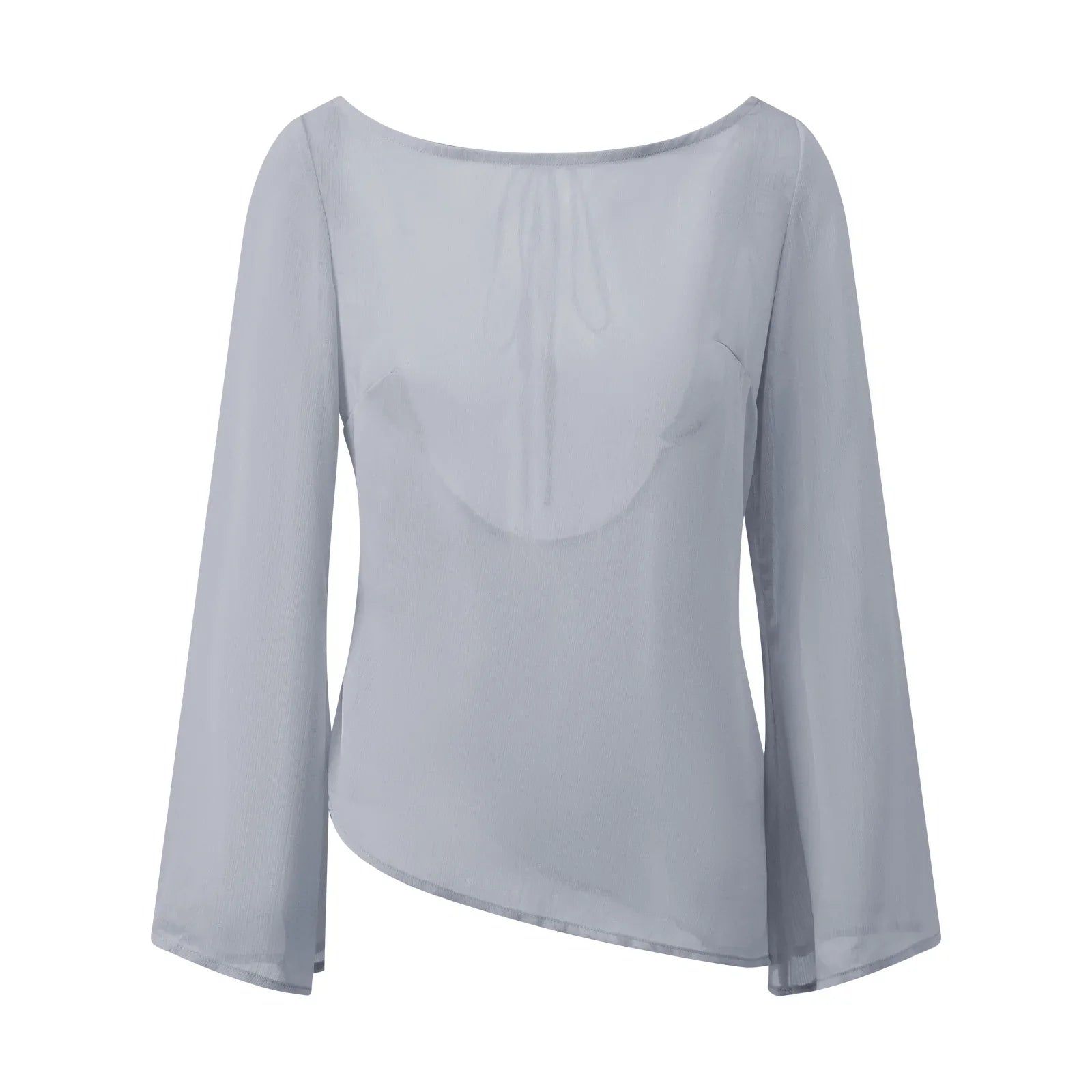 Summer Women's Sheer Chiffon Tops Solid Color Boat Neck Long Sleeve Tie-up Back Blouse for Party Club Daily Cover-ups Shirt