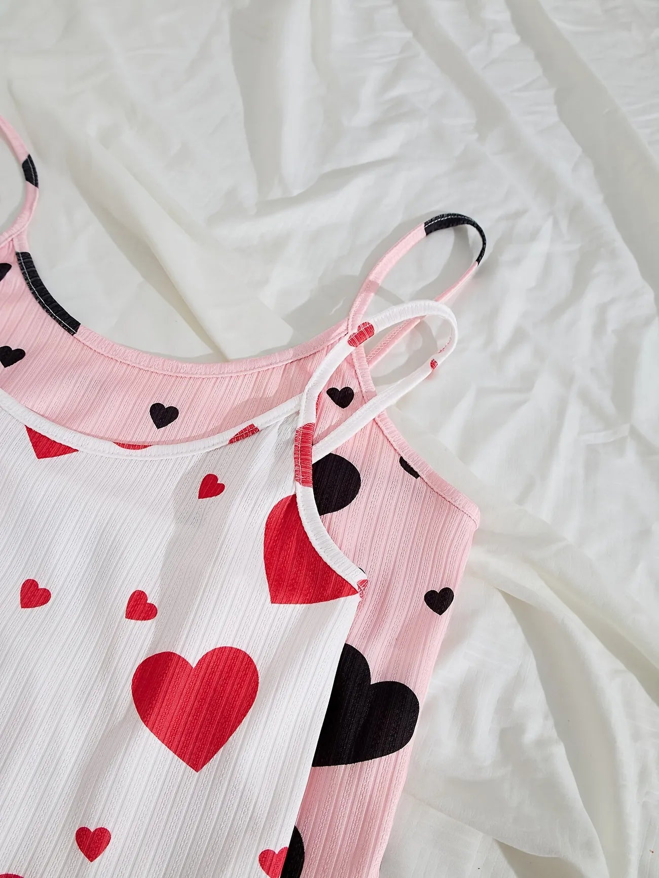 Women Heart Print Ribbed Pajama Set Sleeveless Cami Top and Ruffle Shorts Summer Two Piece Loungewear Sleepwear