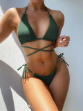 5 Colors Sexy Bikini Women Swimwear Swimsuit Solid Halter Pleated Triangle Knotted Beach Bikinis Set Bathing Suit Rings Decor