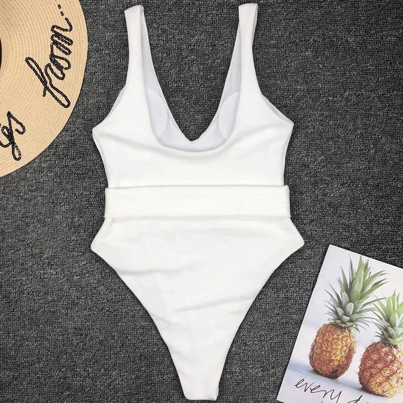 2025 White Ribbed Women Swimwear One Piece Swimsuit Female Bather Sexy High Cut Monokini Rings Belt Bathing Suit Swim Bodysuit