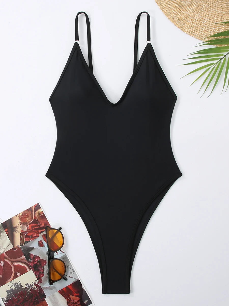 2026 Sexy Solid Swimsuit One Piece High Cut Swimwear Women V neck Backless Bathers Bathing Swimming Swim Suit Female Beachwear