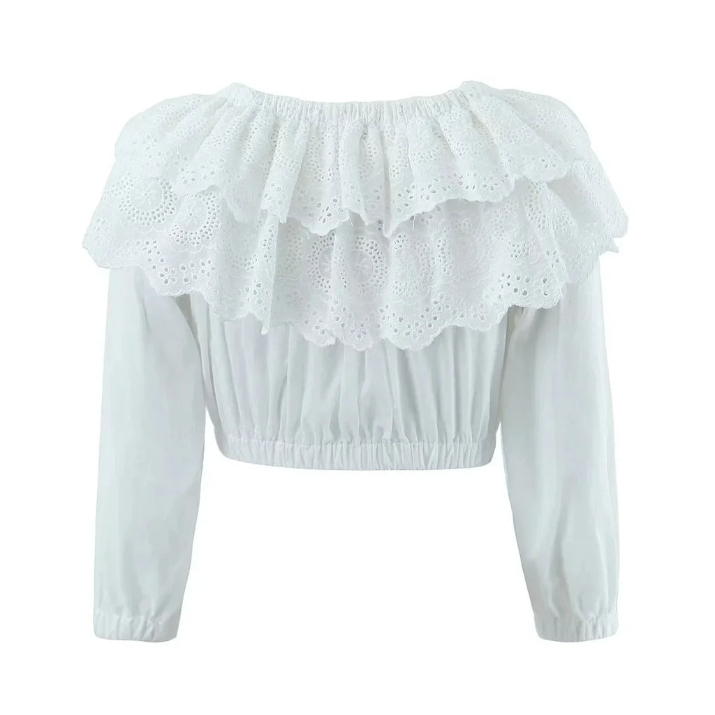 Foridol Summer Off Shoulder White Lace Skirt Set Dress Women Outfits Ruffles Tiered Mini Flower Embriodery Two Pieces Beach Suit