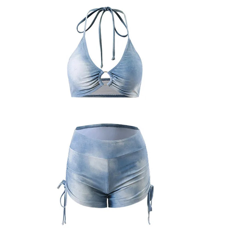 Swimsuit Women's Blue Tie Dye Split Bikini Cover, Sexy Women's Hot Spring Swimsuit Three Piece Set