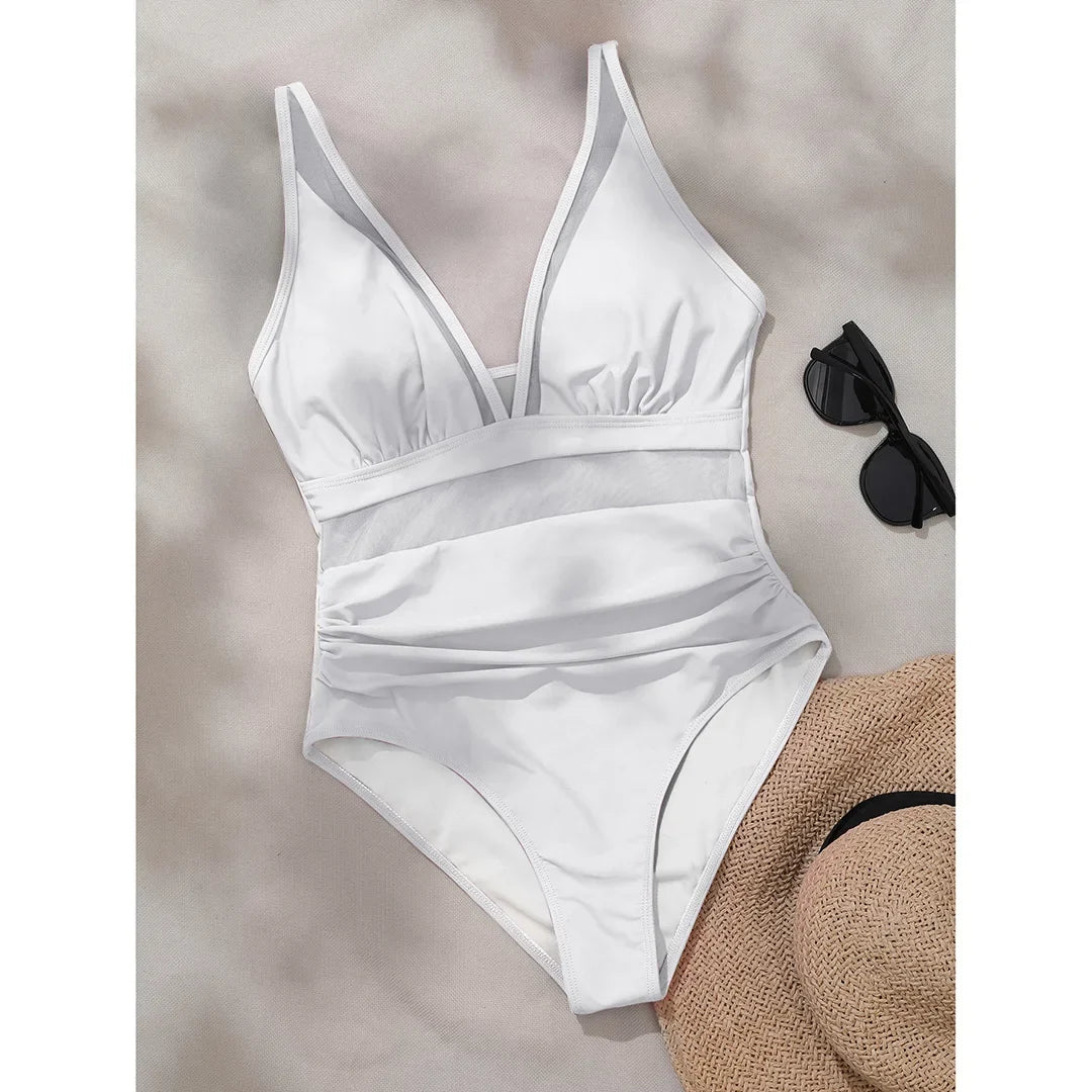 S - XL New Sexy Mesh Sheer V Neck Women Swimwear One Piece Swimsuit Female High Leg Cut Monokini Bather Bathing Suit Swim V5136