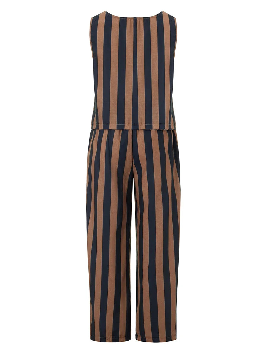 Women’s 2 Piece Summer Pant Outfits Sleeveless Plaid/Stripes Print Tank Tops + Pants Set Casual Streetwear