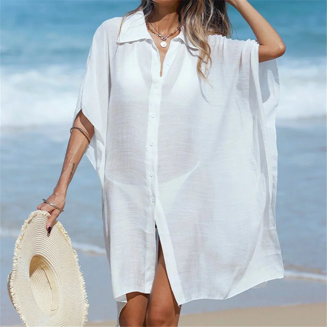 4 Colors Short Sleeve Long Shirt Top Blouse Tunic Beach Dress Beach Wear Beachwear Beach Cover Up Cover-upsFemale Women V7538