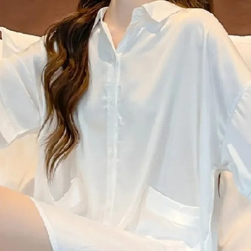 Spring Summer Cute Nightgown Women Chiffon Shirt Boyfriend Style Underwear Night Dress Loose Thin Solid Ice Silk Sleepwear