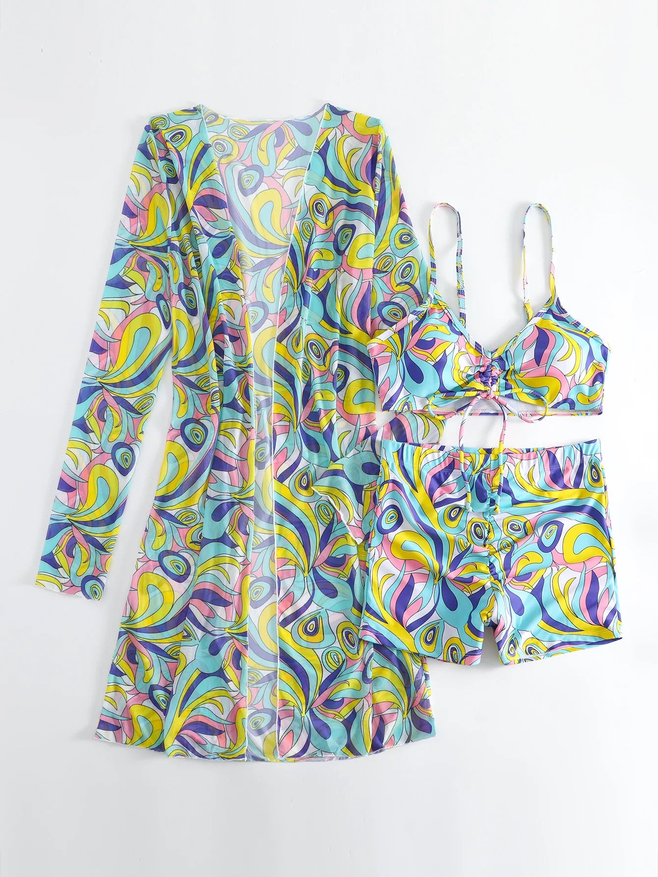 New Sexy 3 Pieces Suit for Women Neck Hanging Bikini Set+Cover-up Swimwear Sunproof Tankini High Waist Shorts Swimsuit Beachwear