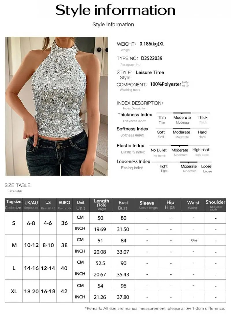 Phantasy Elegant Temperament Neck Sequin Camisole Women T-shirt Sexy Sleeveless Tank Top Female Clothes Tops 2025 Summer
