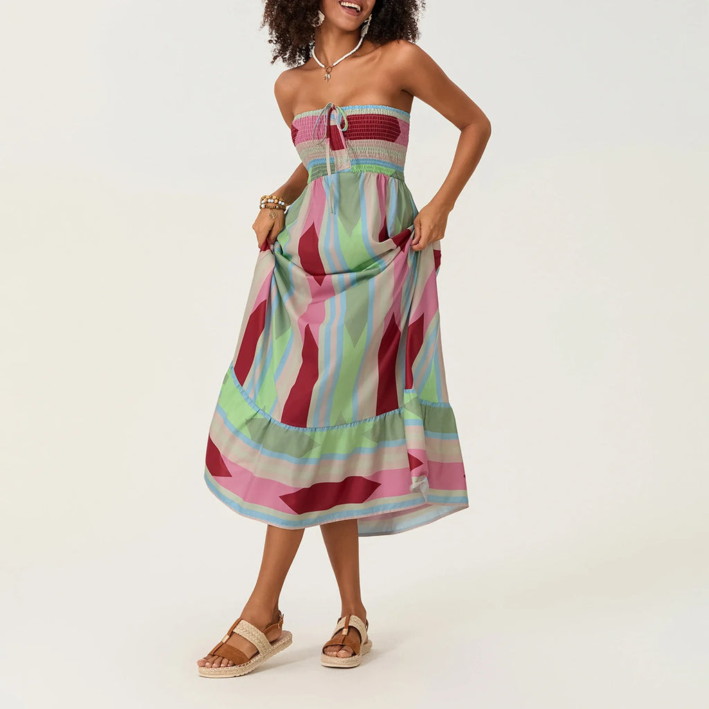 Women's Sleeveless Strapless Long Dress Bohemian Sleeveless Drawstring Loose Tube Dress Summer Holiday Beach Dress