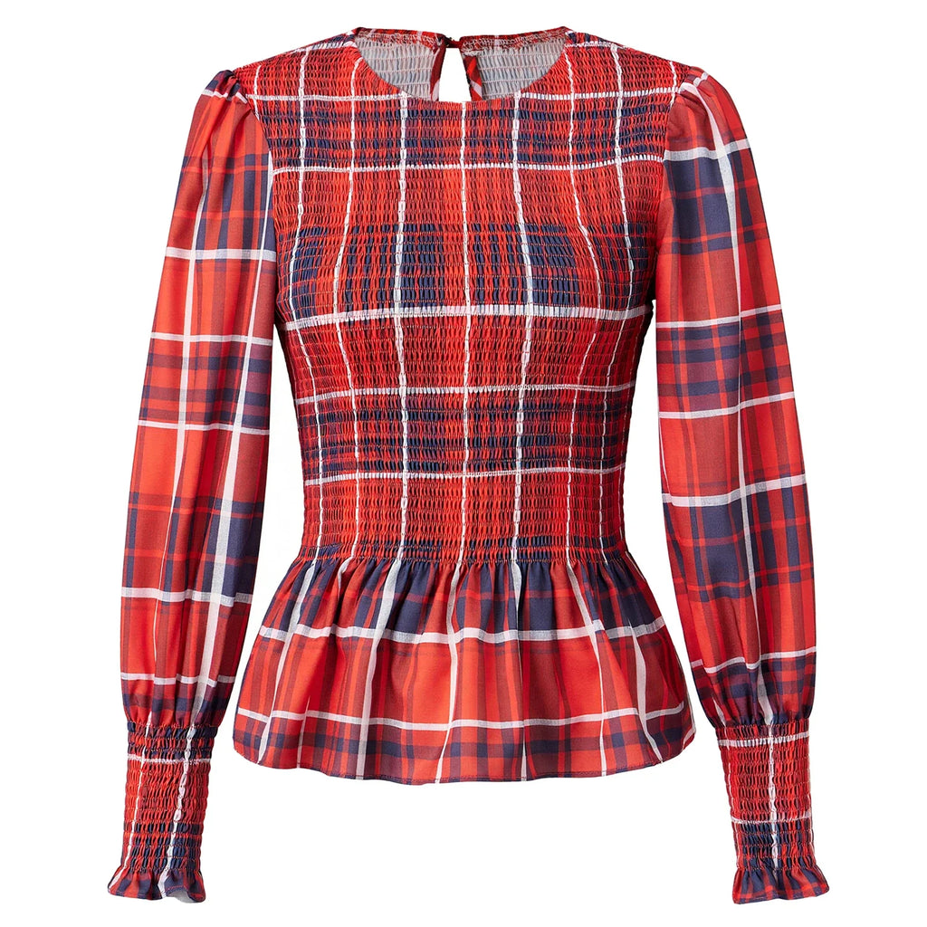 Women T-shirt Elegant Long Sleeve Crew Neck Pleated Ladies Vintage Plaid Print Tops Spring Fall Streetwear