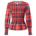Women T-shirt Elegant Long Sleeve Crew Neck Pleated Ladies Vintage Plaid Print Tops Spring Fall Streetwear