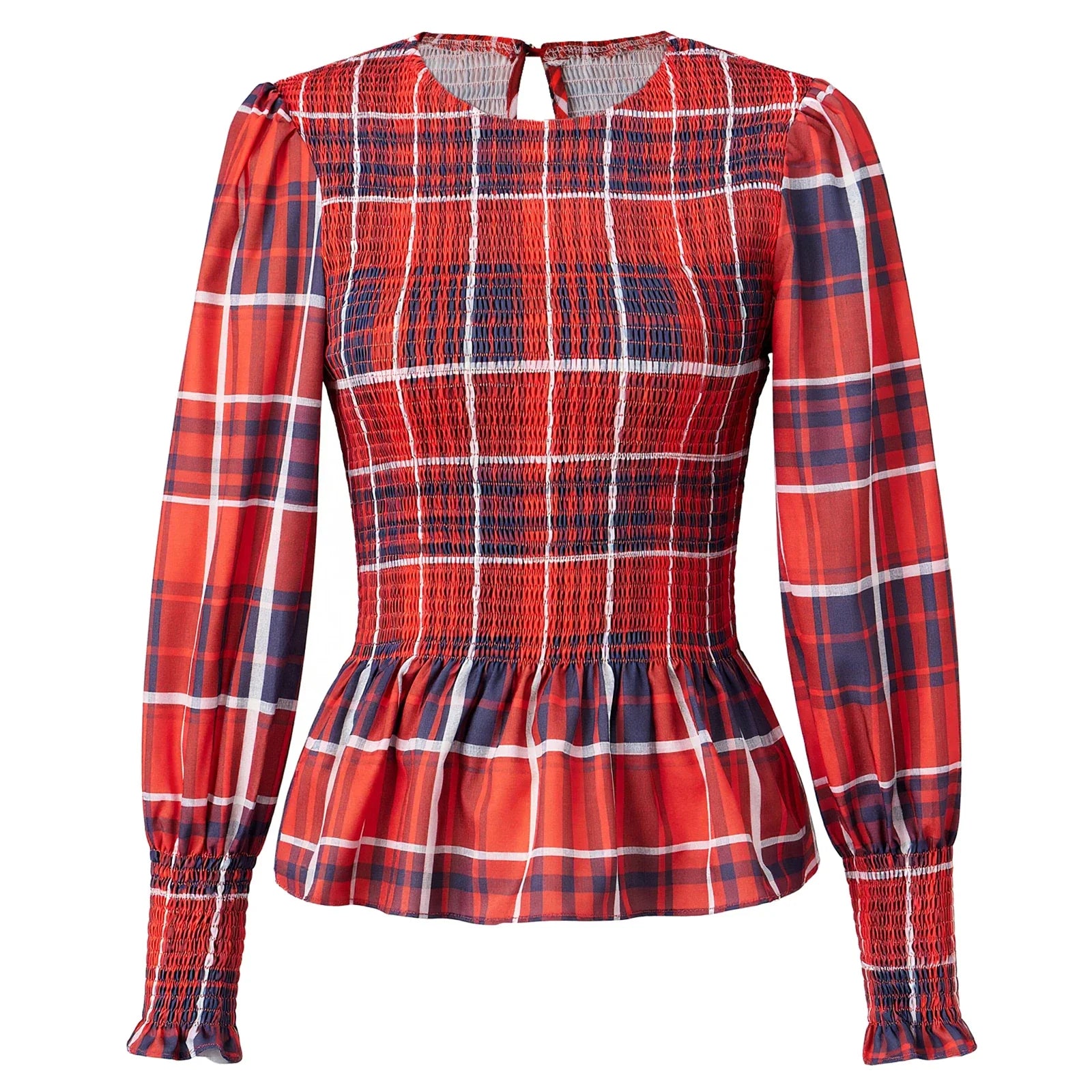 Women T-shirt Elegant Long Sleeve Crew Neck Pleated Ladies Vintage Plaid Print Tops Spring Fall Streetwear