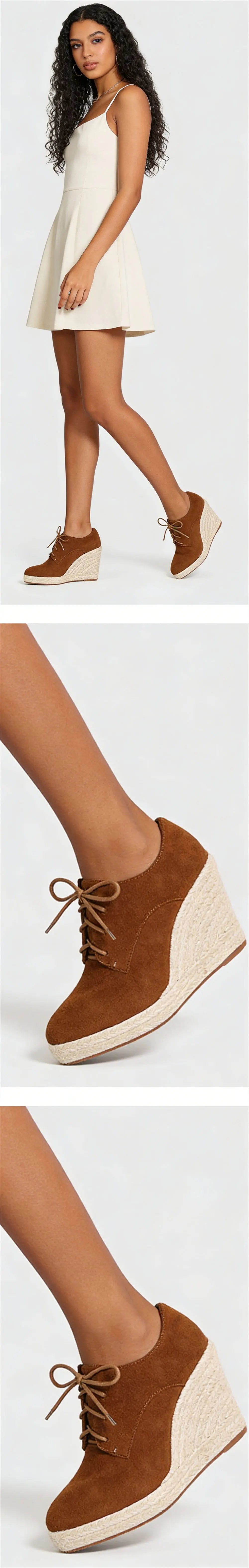 2026 Big Size 43 Vintage Brown Black Pointy Toe Lace-up High Heels Espadrilles Pumps Comfy Walk Office Lady Wedges Shoes Women