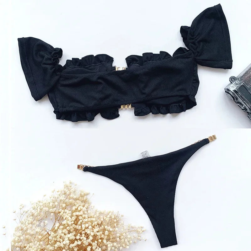 Ruffled Frilled Off Shoulder Bikini Women Swimsuit Female Swimwear Two Pieces Bikini Set Bandeau Bather Bathing Suit Swim Lady