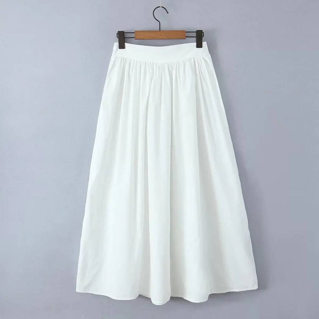 Summer Women White Cotton Dress Set 2025 Top+skirt 2 Pcs Outfit Ruffles Button Slim Top A-line Maxi Skirt Beach Casual Dress