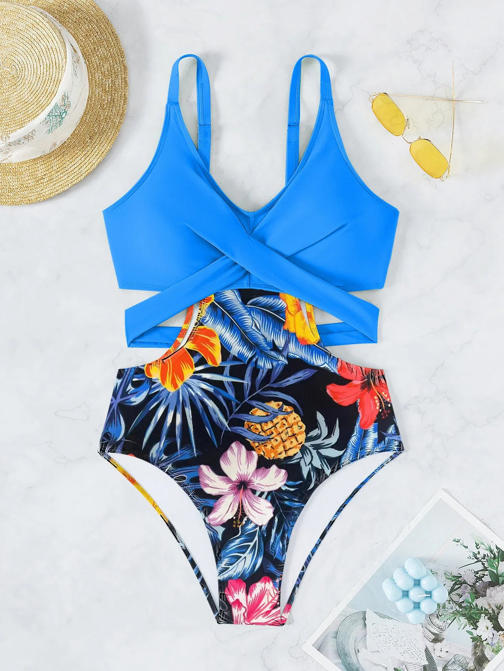 One Piece Swimsuit Women Vintage Green Floral Print Hollow Out Backless High Waist Bikini 2025 Bathing Suit Bandage Swimwear