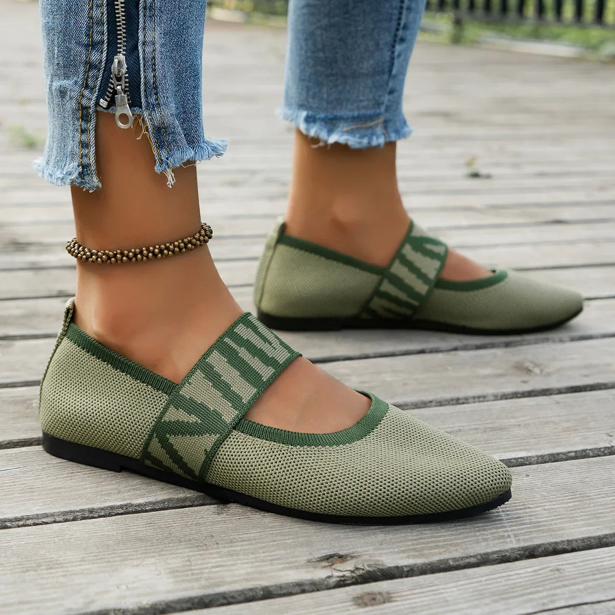 Knitted Color-block Women's Flat Shoes Dressy Ballet Flats Casual striped straps Pointed Toe Loafers Female Daily Shoes Big Size