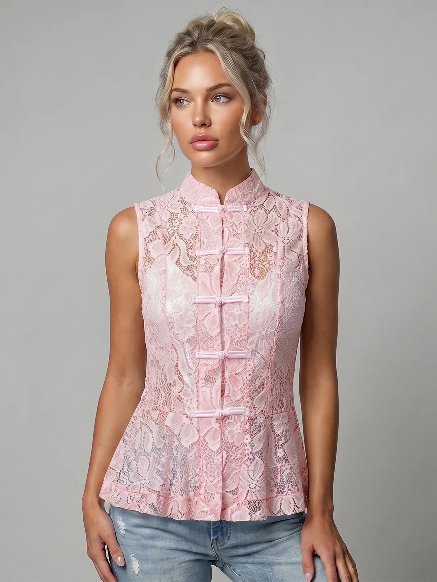 2026 Summer Women's Retro Lace Tops Elegant Mandarin Collar Chinese Frog Buttons Peplum Sleeveless Vest Blouses