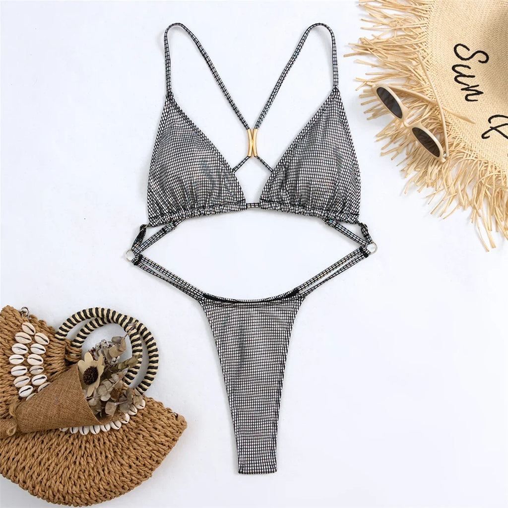 Sexy Sequins Cross Back Extreme String Mini Micro Thong Women Swimwear One Piece Swimsuit Female Bather Bathing Suit Swim V5506