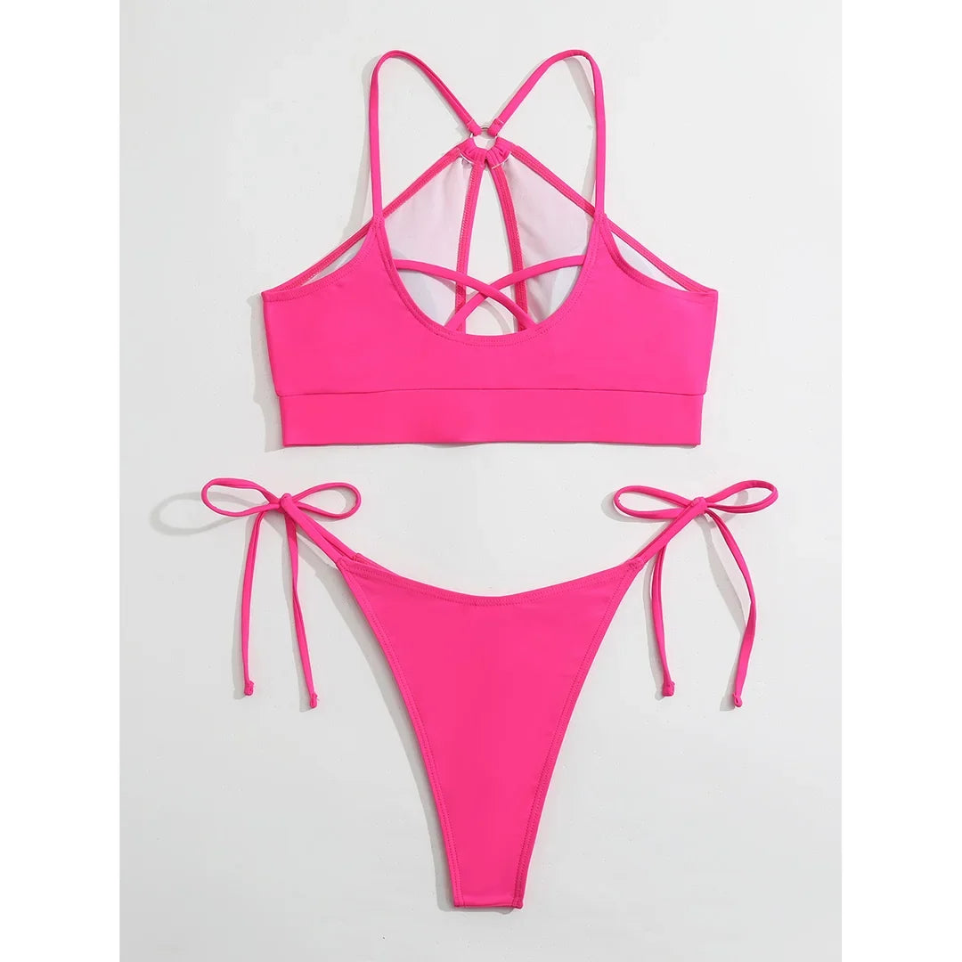 Cut Out Halter Bikini Female Swimsuit Women Swimwear Two-pieces Bikini set Padded Strappy Bather Bathing Suit Swim Lady V3423