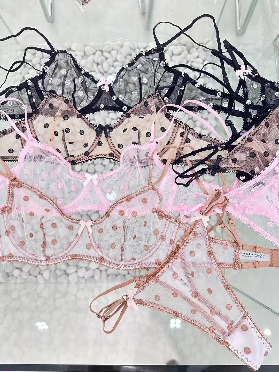 Elegant French Lingerie Set Sexy Lace Dotted Mesh Bra, Ultra Thin Large Bust Minimizer Push Up Anti Sagging Comfort MOYISU 32-38
