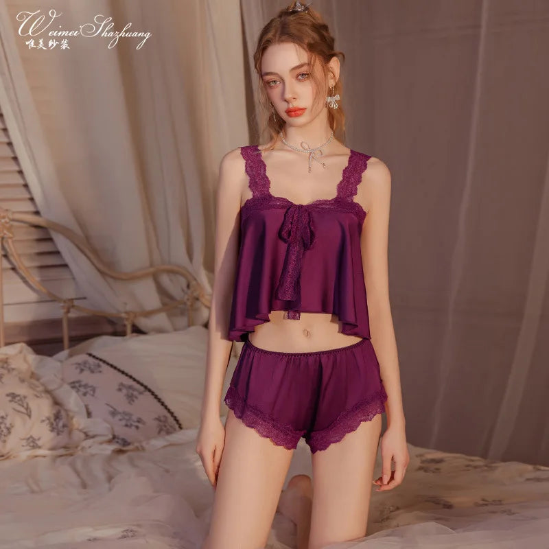 Pure Desire Home Wear Set New Sweet Style Camisole Shorts Pajamas Thin Sexy Ice Silk Home Wear Two-Piece Casual Style Sets N5GK