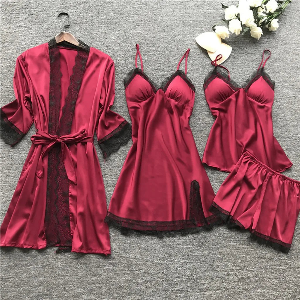 4 Pieces Women's Sexy Lace Pajamas Fashion V-Neck Gown Comfort Pajamas Pajamas Pajamas With Chest Pads Nightdress Casual Loungew