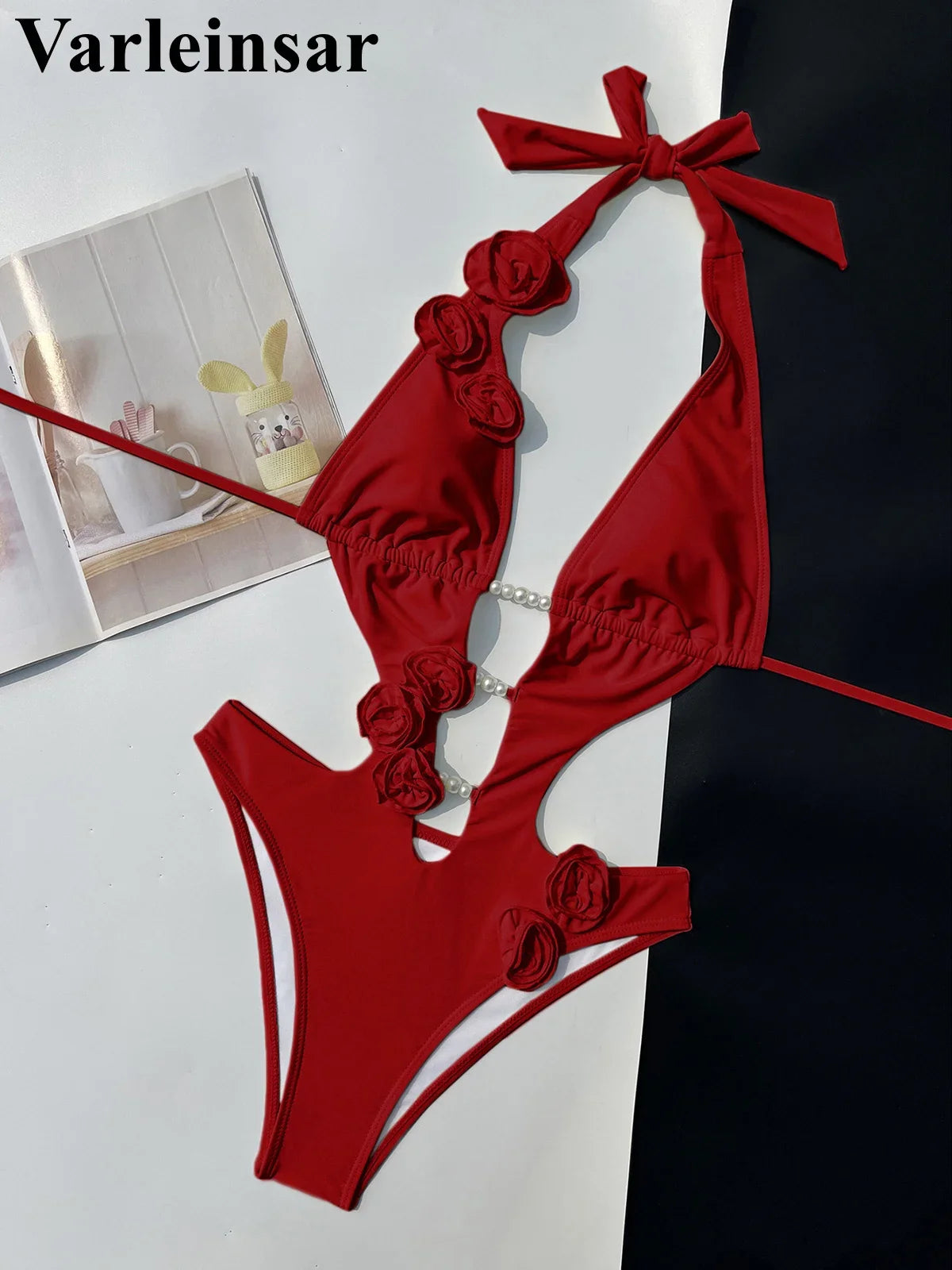 Pink Red Bather Bathing Suit Swim 3D Flower Deep V Neck One Piece Swimsuit Women Swimwear Female High Cut Leg Monokini V6986P