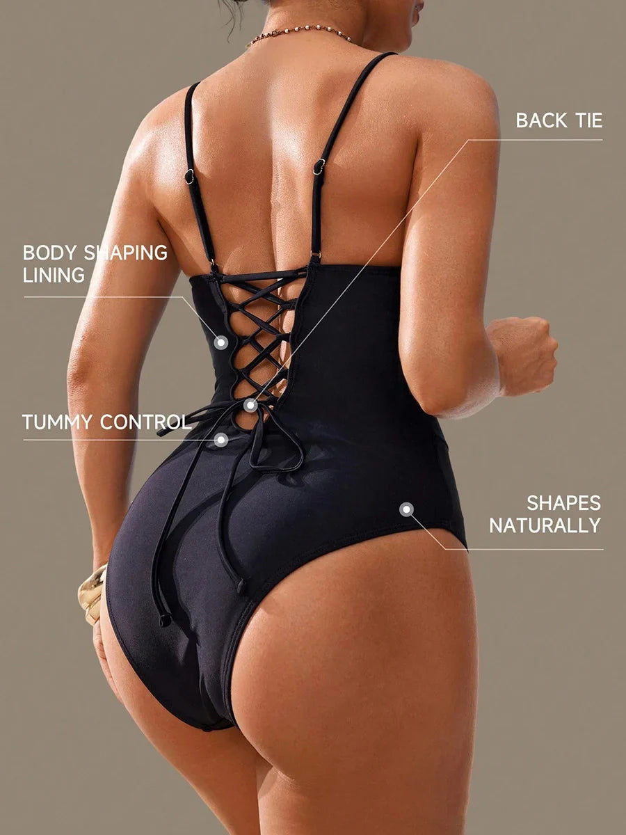 S - XL V Neck Tummy Control Female Swimwear One Piece Swimsuit Women Monokini Lace Up High Cut Bather Bathing Suit Swim Bodysuit
